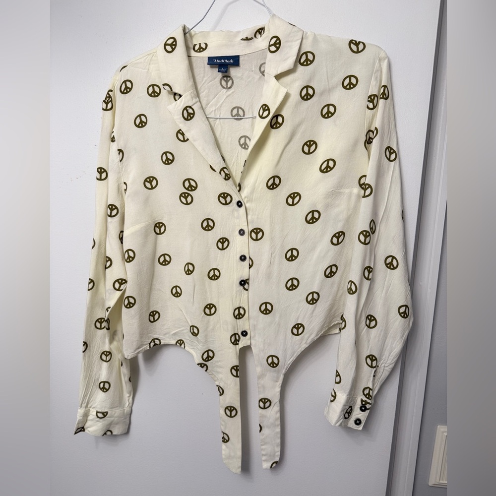 Modcloth White Blouse with Peace Sign Design